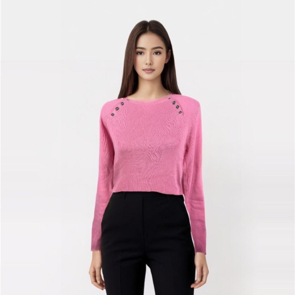 Ralph Lauren Pink Ribbed Cotton Blend long sleeve Top silver buttons